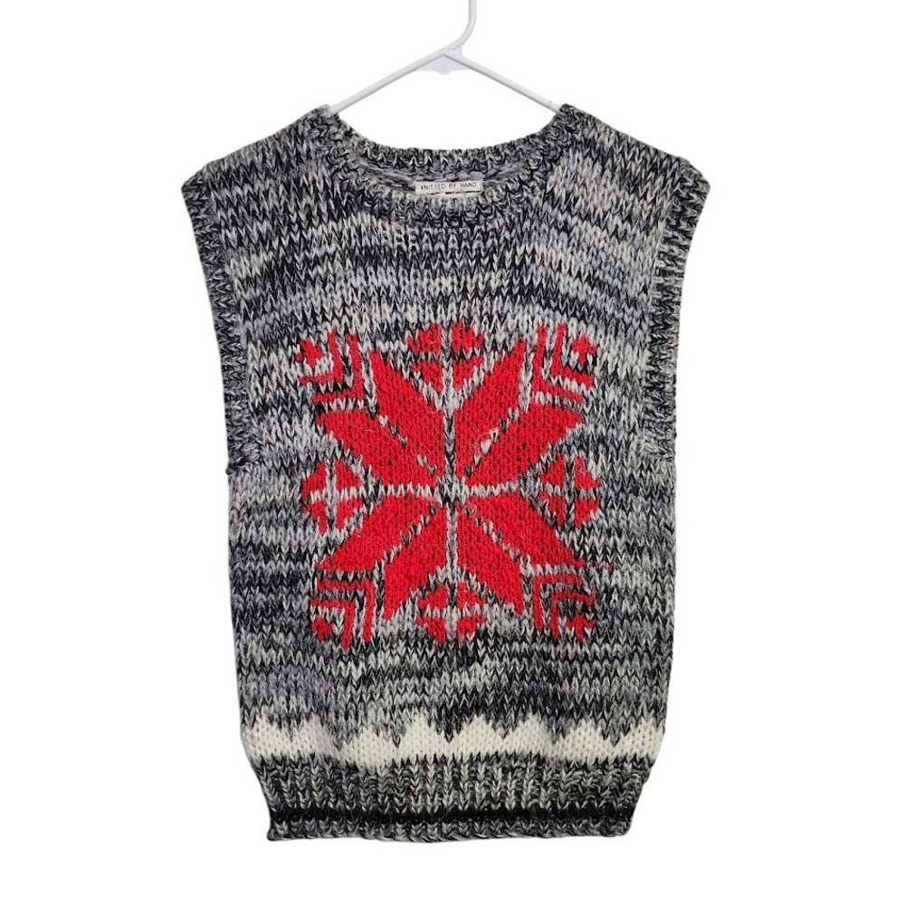 PETITES Hand-Knit‎ Mohair Snowflake Sweater Vest Gray Red Nordic Y2K Cozy S